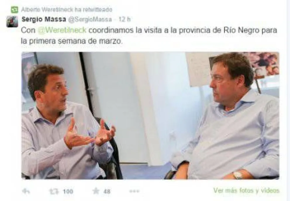 Por twitter, Weretilneck anunció la visita de Massa a Río Negro