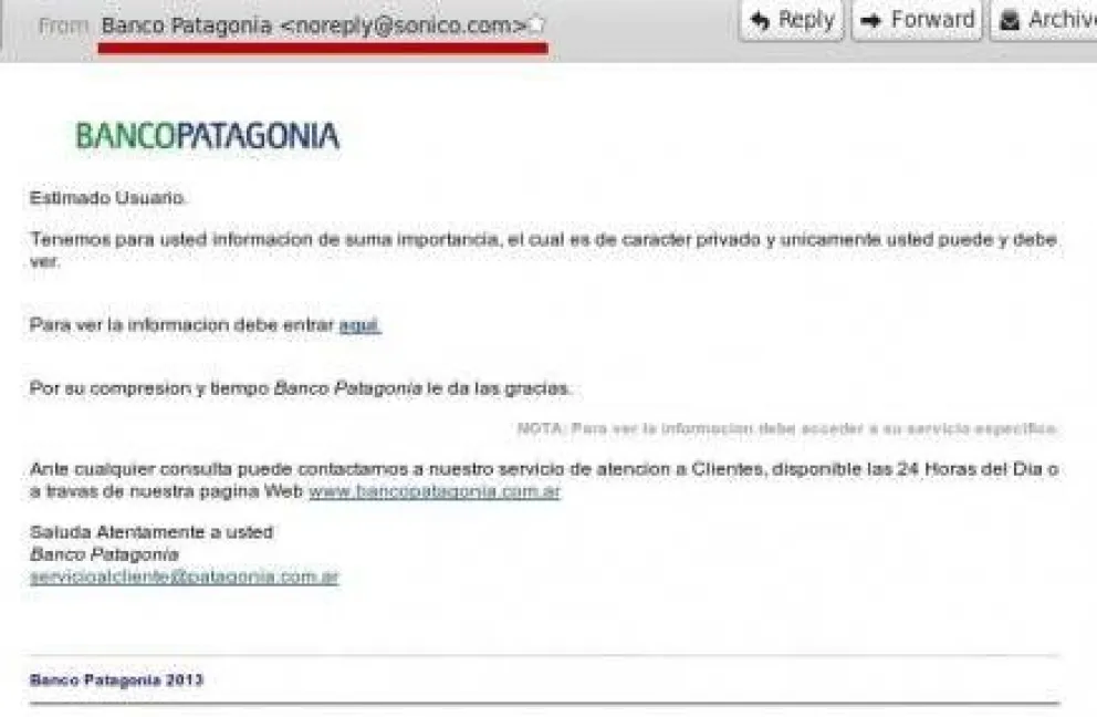 Alerta: mails truchos para robar datos personales del Banco Patagonia