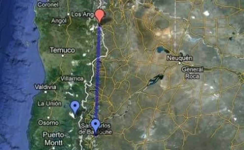 Mapa: ubicación del volcán Copahue y distancia con Bariloche