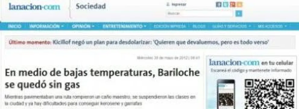 Difunden en el país que Bariloche está sin gas