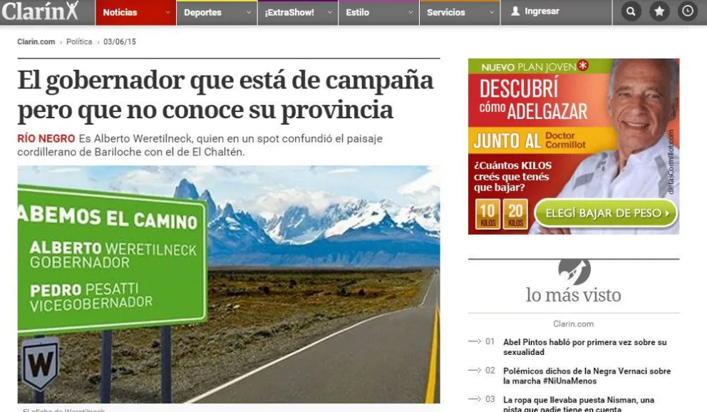 Publicidad de Weretilneck y Clarín confunden zonas de Bariloche y la Provincia