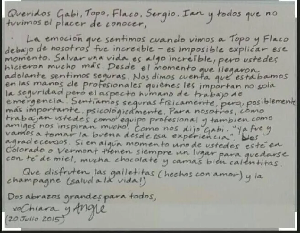 La carta de puño y letra al equipo de rescate del CAB