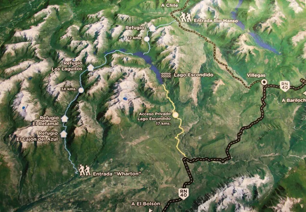 Los tres accesos a Lago Escondido, según la versión de la empresa.